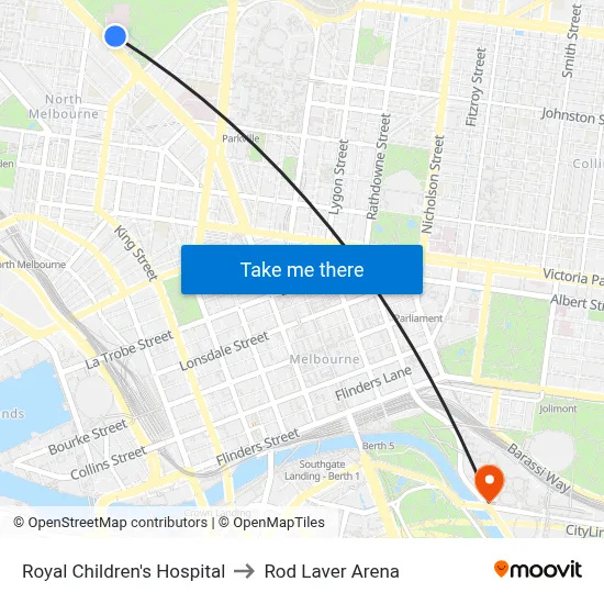 Royal Children's Hospital to Rod Laver Arena map