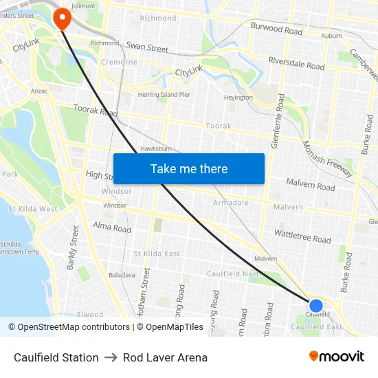 Caulfield Station to Rod Laver Arena map