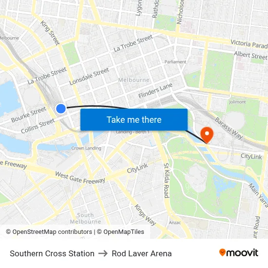 Southern Cross Station to Rod Laver Arena map