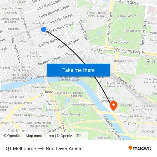 QT Melbourne to Rod Laver Arena map