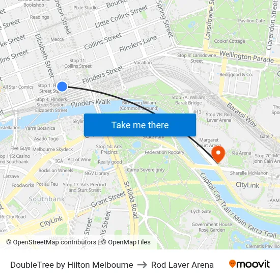 DoubleTree by Hilton Melbourne to Rod Laver Arena map