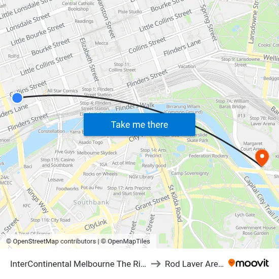InterContinental Melbourne The Rialto to Rod Laver Arena map