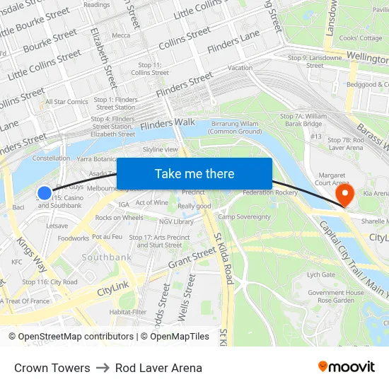 Crown Towers to Rod Laver Arena map