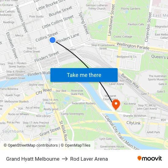 Grand Hyatt Melbourne to Rod Laver Arena map