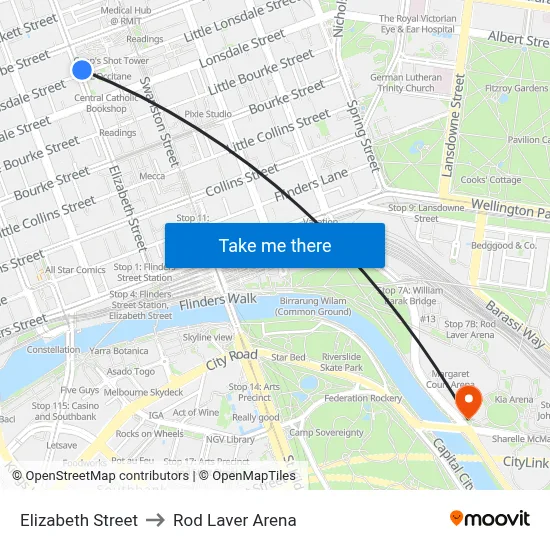 Elizabeth Street to Rod Laver Arena map