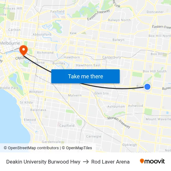 Deakin University Burwood Hwy to Rod Laver Arena map
