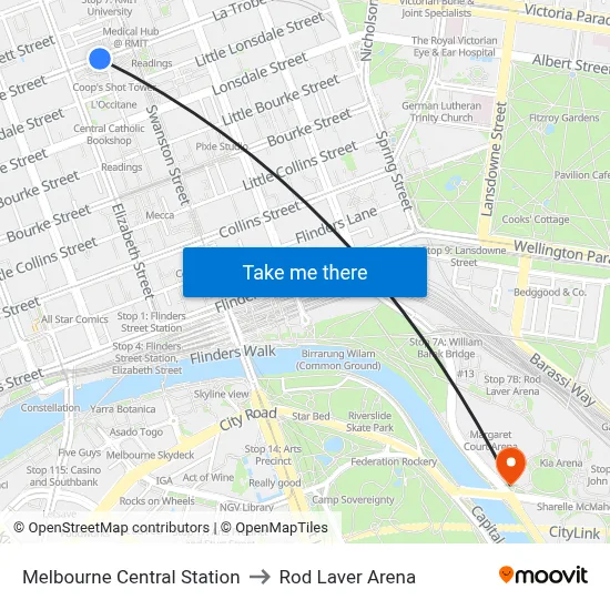 Melbourne Central Station to Rod Laver Arena map
