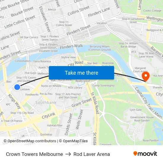 Crown Towers Melbourne to Rod Laver Arena map