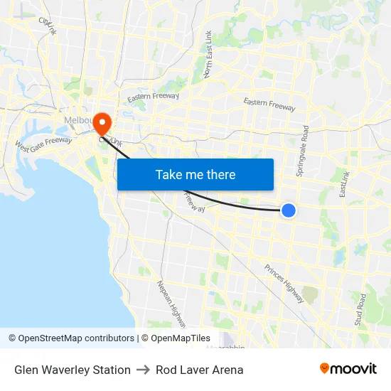 Glen Waverley Station to Rod Laver Arena map