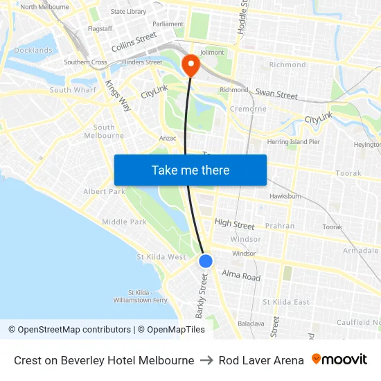 Crest on Beverley Hotel Melbourne to Rod Laver Arena map