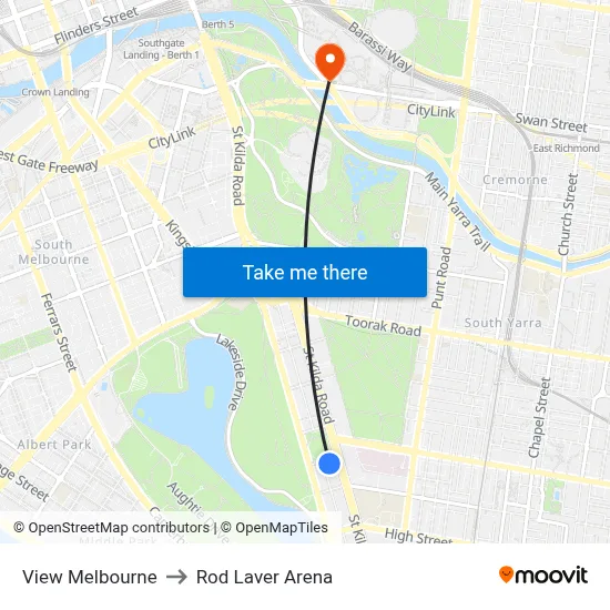 View Melbourne to Rod Laver Arena map