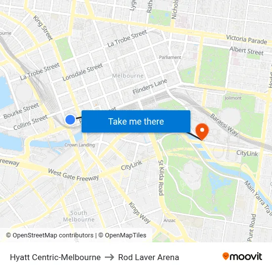 Hyatt Centric-Melbourne to Rod Laver Arena map