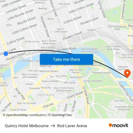Quincy Hotel Melbourne to Rod Laver Arena map