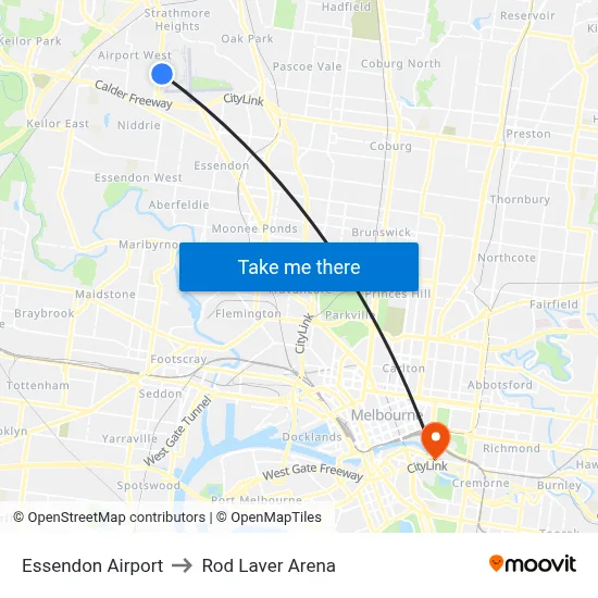Essendon Airport to Rod Laver Arena map
