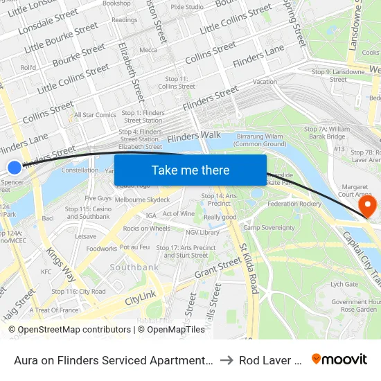 Aura on Flinders Serviced Apartments Melbourne to Rod Laver Arena map