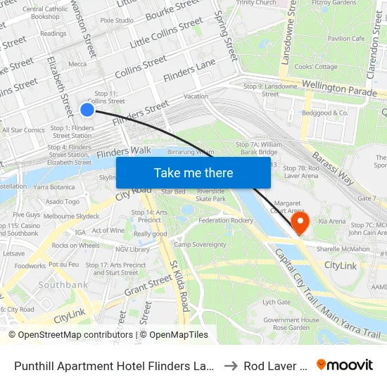 Punthill Apartment Hotel Flinders Lane Melbourne to Rod Laver Arena map