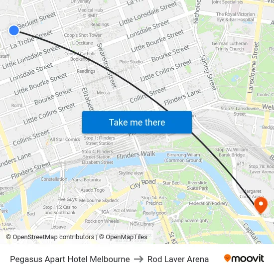 Pegasus Apart Hotel Melbourne to Rod Laver Arena map