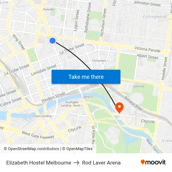 Elizabeth Hostel Melbourne to Rod Laver Arena map