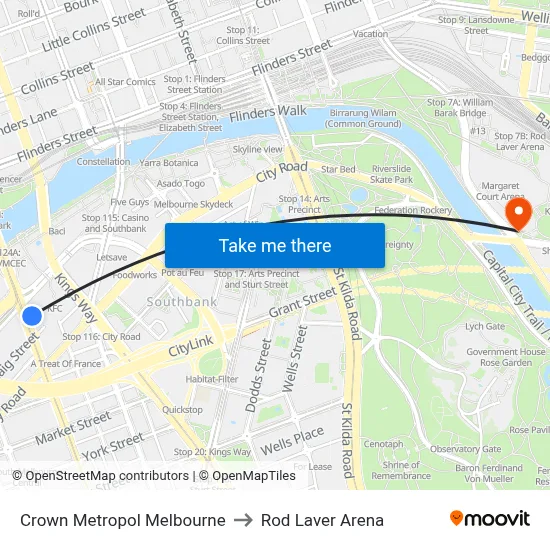 Crown Metropol Melbourne to Rod Laver Arena map
