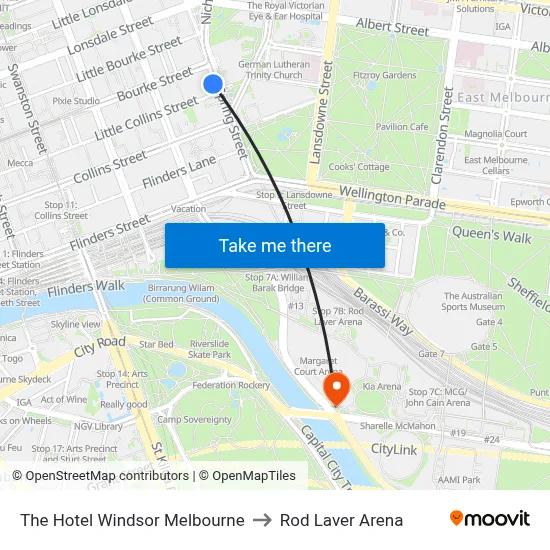 The Hotel Windsor Melbourne to Rod Laver Arena map