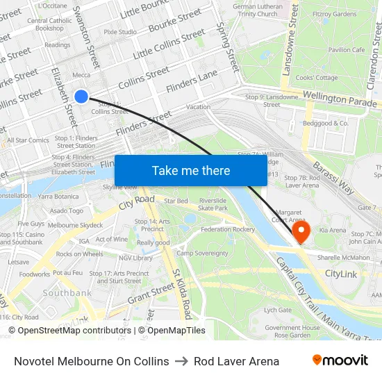 Novotel Melbourne On Collins to Rod Laver Arena map