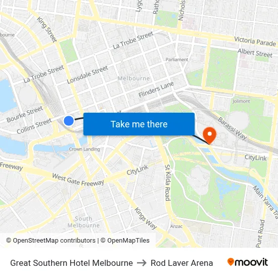 Great Southern Hotel Melbourne to Rod Laver Arena map