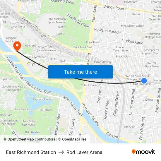 East Richmond Station to Rod Laver Arena map