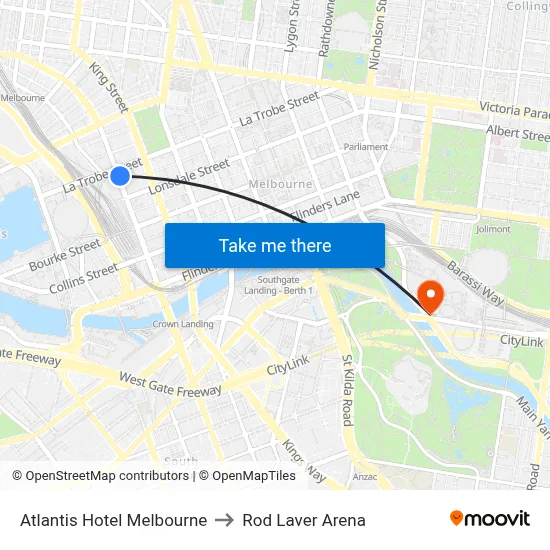 Atlantis Hotel Melbourne to Rod Laver Arena map