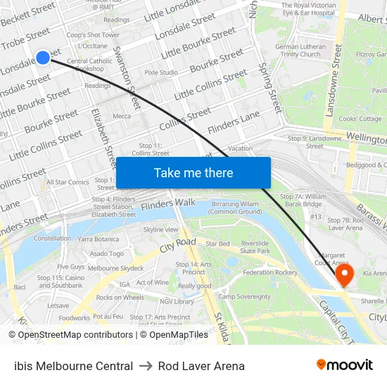 ibis Melbourne Central to Rod Laver Arena map