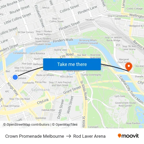 Crown Promenade Melbourne to Rod Laver Arena map