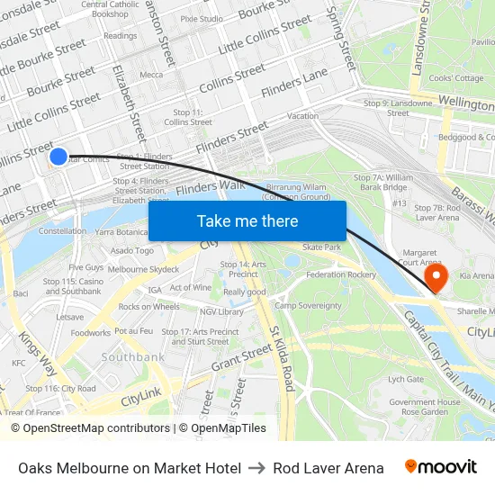 Oaks Melbourne on Market Hotel to Rod Laver Arena map