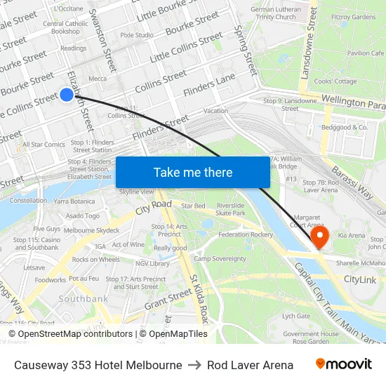 Causeway 353 Hotel Melbourne to Rod Laver Arena map
