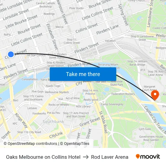 Oaks Melbourne on Collins Hotel to Rod Laver Arena map