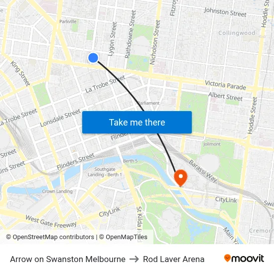 Arrow on Swanston Melbourne to Rod Laver Arena map