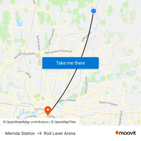 Mernda Station to Rod Laver Arena map