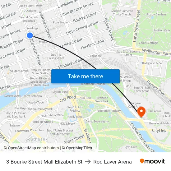 3 Bourke Street Mall Elizabeth St to Rod Laver Arena map