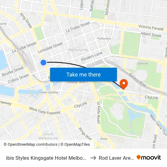 ibis Styles Kingsgate Hotel Melbourne to Rod Laver Arena map