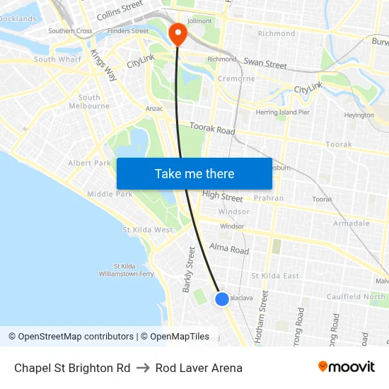 Chapel St Brighton Rd to Rod Laver Arena map