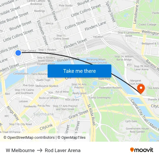 W Melbourne to Rod Laver Arena map