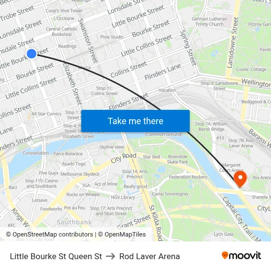 Little Bourke St Queen St to Rod Laver Arena map