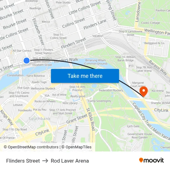 Flinders Street to Rod Laver Arena map