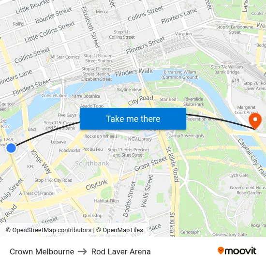 Crown Melbourne to Rod Laver Arena map