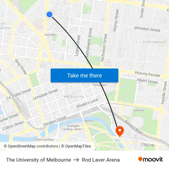 The University of Melbourne to Rod Laver Arena map