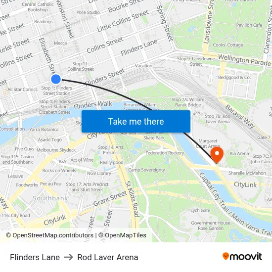 Flinders Lane to Rod Laver Arena map