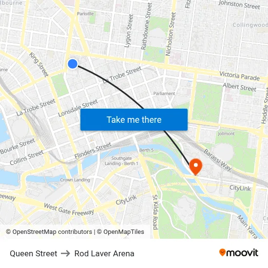 Queen Street to Rod Laver Arena map