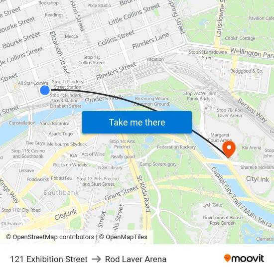 121 Exhibition Street to Rod Laver Arena map