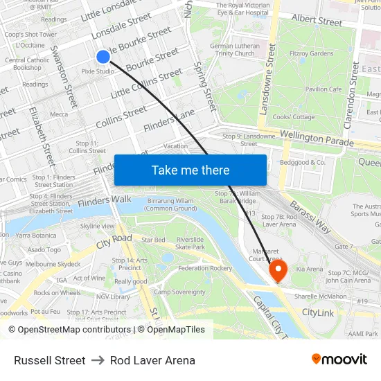 Russell Street to Rod Laver Arena map