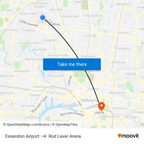 Essendon Airport to Rod Laver Arena map