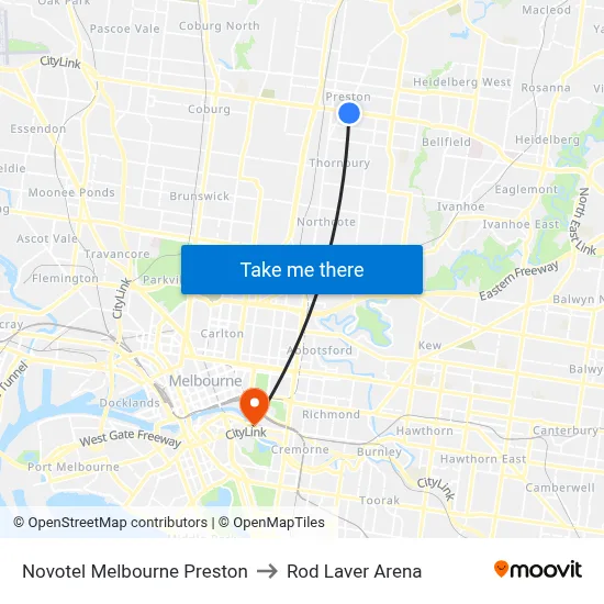 Novotel Melbourne Preston to Rod Laver Arena map