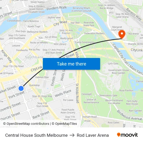 Central House South Melbourne to Rod Laver Arena map